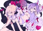  3girls artoria_pendragon_(all) bangs blonde_hair blue_eyes breasts curled_horns dragon_girl dragon_tail elizabeth_bathory_(fate) elizabeth_bathory_(fate)_(all) fate/extra fate/extra_ccc fate/grand_order fate/stay_night fate_(series) fou_(fate/grand_order) hair_over_one_eye highres horns large_breasts long_hair long_sleeves looking_at_viewer lying mash_kyrielight medium_breasts mochizuki_kei multiple_girls navel on_back on_stomach pink_hair pointy_ears purple_hair saber_alter short_hair simple_background sitting small_breasts tail thigh-highs violet_eyes yellow_eyes 