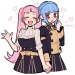  2girls artist_name belt blue_hair braid brown_eyes closed_eyes crown_braid do_m_kaeru fire_emblem fire_emblem:_three_houses garreg_mach_monastery_uniform hilda_valentine_goneril holding_hands long_hair long_sleeves marianne_von_edmund multiple_girls open_mouth pink_hair simple_background twintails uniform white_background 