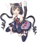  1girl @_@ animal_ear_fluff animal_ears bare_shoulders black_hair black_legwear cat_ears cat_tail commentary_request detached_sleeves drill_hair eyebrows_visible_through_hair full_body garter_straps green_eyes highres kyaru_(princess_connect) long_hair looking_at_viewer low_twintails multicolored_hair nryk28 open_mouth princess_connect! princess_connect!_re:dive simple_background sitting solo streaked_hair tail thigh-highs translation_request twintails wavy_mouth white_background white_hair 