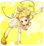  arm_support bent_over blonde_hair blush boots cure_lemonade detached_sleeves dress futari_wa_pretty_cure gloves kantoku kasugano_urara leg_lift long_hair magical_girl open_mouth orange_eyes precure skirt solo thighhighs twintails yellow yellow_background yellow_dress yellow_legwear yes!_precure_5 