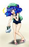  bag blue_eyes blue_hair cucumber highres kawashiro_nitori name_tag one-piece_swimsuit raionsan sandals school_swimsuit short_hair swimsuit touhou 