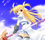  blush fingerless_gloves flipper gloves hair_ribbon hair_ribbons heterochromia long_hair mahou_shoujo_lyrical_nanoha mahou_shoujo_lyrical_nanoha_strikers raising_heart ribbon ribbons staff thigh-highs thighhighs vivio zettai_ryouiki 