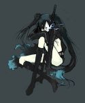  black_hair black_rock_shooter black_rock_shooter_(character) blue_eyes boots katana long_hair sitting solo sword tamaoki_benkyou twintails uneven_twintails weapon 