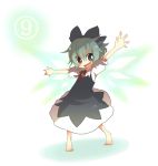  1girl akebi_(kakororo) barefoot blue_hair bow cirno fang outstretched_arms ribbon ribbons short_hair smile solo spread_arms touhou wings ⑨ 