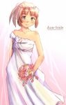  1girl blush bouquet bride brown_eyes brown_hair dress flower kimi_kiss nyazui sakino_asuka smile veil wedding_dress 
