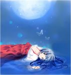  blue_eyes blue_hair butterflies butterfly furude_rika higurashi_no_naku_koro_ni japanese_clothes long_hair lying miko moon water 