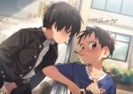  2boys black_hair blush close-up closed_mouth commentary_request food hair_between_eyes hands_in_pocket highres holding locker looking_at_another looking_at_viewer male_focus multiple_boys original pocky pocky_day school school_uniform short_hair window wool_bl 