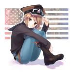  american_flag androgynous belt blonde_hair boots bow brown_eyes brown_hair hamamo hat jeans short_hair smile 