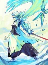  bleach blue_eyes daiguren_hyourinmaru haori hitsugaya_toushirou ice japanese_clothes katana robert_kim shinigami short_hair sword taichou_haori weapon white_hair wings 