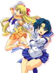  2girls aino_minako bishoujo_senshi_sailor_moon blonde_hair blue_dress blue_eyes blue_hair bow choker chou_yoriyuki circlet dress earrings elbow_gloves gloves hair_bow hair_ribbons high_heels inner_senshi jewelry long_hair magical_girl mizuno_ami multiple_girls nagayori orange_dress ribbons sailor_mercury sailor_senshi sailor_suit sailor_venus shoes short_hair skirt tiara white_background 