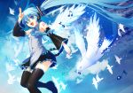  1girl bird blue_eyes blue_hair boots clouds detached_sleeves dove feathered_wings hatsune_miku hirokiku long_hair musical_note sky smile thigh-highs twintails very_long_hair vocaloid 