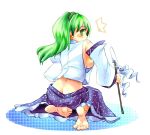  barefoot breasts green_hair japanese_clothes kneeling kochiya_sanae long_hair lowres miko sideboob touhou tsuru_piko 