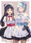  2girls :d ace_attorney alternate_costume apron ascot bangs black_hair blue_hair blunt_bangs brown_eyes collared_shirt cowboy_shot dress enmaided eyebrows_visible_through_hair franziska_von_karma hair_ornament half_updo highres long_hair maid maid_headdress maya_fey mole mole_under_eye multiple_girls pantyhose parted_bangs puffy_short_sleeves puffy_sleeves red_neckwear shirt short_dress short_hair short_sleeves sidelocks smile thigh-highs waist_apron white_legwear white_shirt yuuma_(yuma1111) 