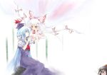  black_hair blue_hair camera demupausagi fujiwara_no_mokou hat jpeg_artifacts kamishirasawa_keine long_hair paparazzi ribbon ribbons shameimaru_aya short_hair touhou white_hair 