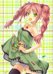  bloomers braid brown_hair candy food_themed_clothes green_eyes highres kayou_(artist) lollipop mouth_hold original skirt_basket swirl_lollipop thighhighs twin_braids 