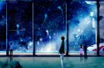  artist_request atha29 back bag black_hair blonde_hair character_request dress from_behind long_hair night night_sky original plane scenery sky space star_(sky) starry_sky stars window 
