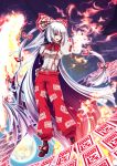  bow fire fujiwara_no_mokou hair_bow long_hair moon ofuda pants red_eyes ribbon ribbons shima_(pixiv) shima_chiyo shima_tiyo suspenders touhou very_long_hair white_hair 