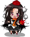  black_wings buuwa chibi cosplay fan geta glasses hat long_hair lucky_star parody red_eyes scarf shameimaru_aya shameimaru_aya_(cosplay) solo tamura_hiyori tengu-geta touhou wings 