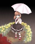  brown_hair fence flower rain short_hair umbrella umineko_no_naku_koro_ni ushiromiya_maria 