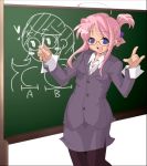  ahoge blackboard blue_eyes chalk chalkboard formal glasses open_mouth original pantyhose pink_hair sex_ed skirt_suit smile standing suit teacher yamazaki_kazu 
