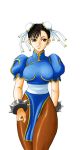  arm_spikes bracelet brown_eyes brown_pantyhose bun_cover china_dress chinadress chinese_clothes chun-li double_bun double_buns jewelry pantyhose spiked_bracelet spikes street_fighter streetfighter thick_thighs thighs 