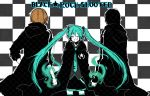  black_rock_shooter_(character) black_rock_shooter_(cosplay) checkered checkered_background cosplay donburi_(artist) green_hair hatsune_miku long_hair meiko parody skirt smile thighhighs twintails vocaloid 