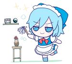  1girl blue_bow blue_dress blue_eyes blue_footwear blue_hair bow character_doll cirno collared_shirt doll dress dust duster flower framed fumo_(doll) hair_bow hakurei_reimu long_dress maid maid_headdress neck_ribbon no_wings photo_(object) pinafore_dress puffy_short_sleeves puffy_sleeves red_neckwear rei_(tonbo0430) ribbon shelf shirt short_hair short_sleeves simple_background smile solo sparkle standing standing_on_one_leg table touhou vase white_background white_shirt 