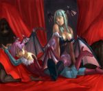  bad_id bed blue_pantyhose boots breasts capcom cleavage darkstalkers green_eyes green_hair head_wings headwings lilith_aensland lips long_hair lying morrigan_aensland pantyhose pink_eyes pink_hair print_pantyhose purple_pantyhose short_hair vampire_(game) wings 