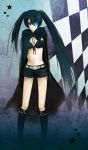  black_hair black_rock_shooter black_rock_shooter_(character) blue_eyes long_hair meow_(artist) midriff short_pants shorts solo twintails uneven_twintails 