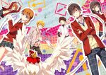  ! 3boys 3girls apple arrow baseball_bat bird black_hair blonde_hair blush bowtie brown_eyes brown_hair cardigan chain chicken closed_eyes collar computer embarrassed food frown fruit glasses grey_eyes hands_in_pockets highres kantoku laptop long_hair mizutani_shizuku multiple_boys multiple_girls musical_note natsume_asako necktie ooshima_chizuru open_mouth rooster sasahara_souhei school_uniform short_hair skirt smile tears tonari_no_kaibutsu-kun yamaguchi_kenji yoshida_haru 