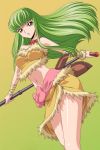 bandage breasts c.c. cc choker code_geass fur green_hair jewelry long_hair microphone microphone_stand midriff necklace skirt standing yellow_eyes 
