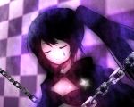  bad_id black&acirc;&tilde;&hellip;rock_shooter black_hair black_rock_shooter black_rock_shooter_(character) blue_eyes chain chains long_hair midriff solo twintails 