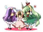  &gt;_&lt; anger_vein angry animal_ears beihan black_hair bunny_ears chibi ex-keine ex_keine exkeine green_hair horn_ribbon horns inaba_tewi kamishirasawa_keine kokka_han long_hair purple_hair rabbit_ears reisen_udongein_inaba ribbon ribbons skirt speech_bubble spoken_anger_vein spoken_sweatdrop sweatdrop tail touhou 