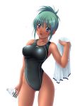  competition_swimsuit dark_skin double_vertical_stripe green_hair ishii_akira one-piece_swimsuit swimsuit towel 