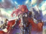  cape castle cloud clouds long_hair nariann pink_hair sky sword weapon 