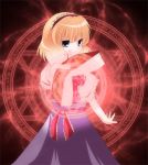  akabashi alice_margatroid blonde_hair book hexagram magic_circle red_background ribbon ribbons short_hair touhou 