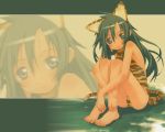  barefoot cat cat_ears feet flat_chest green_eyes green_hair hands kuroboshi_kouhaku long_legs sitting skinny swimsuit tail wallpaper zoom_layer 