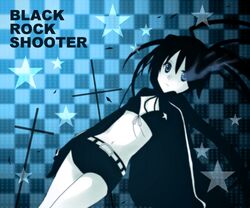  black&acirc;&tilde;&hellip;rock_shooter black_hair black_rock_shooter black_rock_shooter_(character) blue_eyes cross long_hair midriff short_pants shorts solo star stars twintails usako 