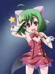  :d ahoge aiai bare_shoulders bow bowtie brown_eyes green_hair hair_bow holding macross macross_frontier microphone navel open_mouth ranka_lee skirt smile solo star wrist_cuffs 