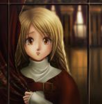  blonde_hair braid brown_eyes cape curtain curtains final_fantasy final_fantasy_tactics ovelia_atkascha reina_(artist) side_braid solo 