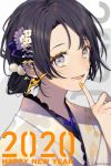  1girl 2020 :d artist_name black_hair blush earrings english_text flower grey_eyes grey_kimono hair_flower hair_ornament happy_new_year highres index_finger_raised japanese_clothes jewelry kimono looking_at_viewer new_year open_mouth pom_pom_(clothes) purple_flower smile sogawa solo upper_body white_flower yellow_nails 