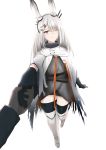  1girl 1other absurdres ambiguous_gender animal_ears arknights calvaires disembodied_hands facial_scar frostnova_(arknights) gloves grey_eyes highres holding_hands long_hair nose_scar outstretched_hand rabbit_ears scar white_hair 