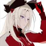  1girl adjusting_clothes adjusting_hat animal_hat black_headwear cabbie_hat cat_hat cosplay edelgard_von_hresvelg fire_emblem fire_emblem:_three_houses hand_on_headwear hat highres interface_headset jacket long_hair neon_genesis_evangelion plugsuit rebuild_of_evangelion red_jacket shikinami_asuka_langley shikinami_asuka_langley_(cosplay) solo souryuu_asuka_langley track_jacket violet_eyes vo1ez 