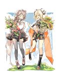  2girls :d ^_^ animal_ears arknights black_footwear black_skirt blonde_hair bouquet brown_hair chinese_commentary clenched_hand closed_eyes commentary_request eyjafjalla_(arknights) flower full_body grey_footwear grey_legwear grey_skirt hand_up head_tilt highres holding holding_bouquet holding_flower horns ifrit_(arknights) koli_(ssssoliko) long_sleeves looking_at_viewer low_twintails miniskirt multiple_girls open_mouth open_toe_shoes orange_eyes pink_flower sheep_ears sheep_horns shirt shoes skirt smile sunflower thigh-highs thigh_strap twintails white_shirt zettai_ryouiki 