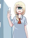  1girl :d ascot blonde_hair blue_eyes blue_scrunchie blurry blurry_background cyclops depth_of_field dress grey_dress hair_ornament hair_over_shoulder hair_scrunchie hand_up kuronyankokko one-eyed open_mouth original ponytail red_neckwear scrunchie short_sleeves smile solo 