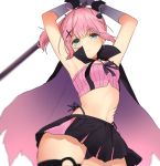  1girl armpits arms_up bangs black_skirt breasts cape chiyoda_momo closed_mouth eyebrows_visible_through_hair gloves green_eyes hair_ornament highres looking_at_viewer machikado_mazoku medium_breasts midriff navel pink_cape pink_hair ponytail scar short_hair simple_background skirt solo unizuma_eleven white_background white_gloves x_hair_ornament 