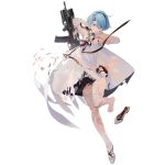  1girl ahoge alternate_costume assault_rifle bangs bare_shoulders black_hairband blue_hair broken_glass dress facing_viewer footwear_removed full_body girls_frontline glass gloves grey_eyes gun hair_between_eyes hair_ornament hair_over_one_eye hairband liquid looking_at_viewer nineo official_art rifle shoes short_hair solo standing standing_on_one_leg thigh-highs torn torn_clothes torn_dress torn_legwear transparent_background weapon weapon_on_back white_dress white_footwear white_gloves white_legwear zas_m21_(girls_frontline) zastava_m21 