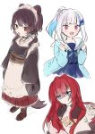  3girls :d ange_katrina animal_ears apron bangs black_jacket black_kimono blue_cardigan blue_eyes blue_hair blue_serafuku blue_shirt blue_skirt blush boots brown_footwear brown_hair cardigan clenched_hands commentary_request dog_ears dog_girl dog_hair_ornament dog_tail eyebrows_visible_through_hair frilled_apron frills hair_between_eyes hair_ornament hairclip hands_up jacket japanese_clothes kimono lize_helesta long_hair long_sleeves low_twintails multicolored_hair multiple_girls nijisanji obi open_cardigan open_clothes open_mouth pleated_skirt ponytail red_skirt redhead sailor_collar sash school_uniform sebastian_piyodore serafuku shirt silver_hair simple_background skirt sleeves_past_wrists smile standing tail twintails two-tone_hair violet_eyes virtual_youtuber white_apron white_background white_sailor_collar white_shirt wide_sleeves yamabukiiro 