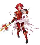  1girl armor armored_boots bangs boots fire_emblem fire_emblem:_mystery_of_the_emblem fire_emblem_heroes full_body highres holding holding_weapon indesign minerva_(fire_emblem) official_art polearm red_footwear redhead short_hair skirt spear transparent_background weapon younger 