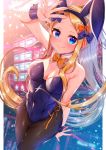  1girl abigail_williams_(fate/grand_order) akirannu animal_ears bangs black_bow black_leotard blonde_hair blue_eyes bow bowtie breasts bunnysuit closed_mouth covered_navel detached_collar fate/grand_order fate_(series) forehead hair_bow highleg highleg_leotard highres leotard long_hair multiple_bows orange_bow pantyhose parted_bangs rabbit_ears small_breasts smile solo strapless strapless_leotard wrist_cuffs 